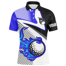 Load image into Gallery viewer, Mens golf polo shirts custom flame golf ball fire golf apparel for men, unique golf gifts | Blue NQS7520