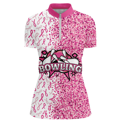 Pink glitter ribbon pattern Custom Bowing Shirts For Women, Breast Cancer Awareness bowling jerseys NQS8104