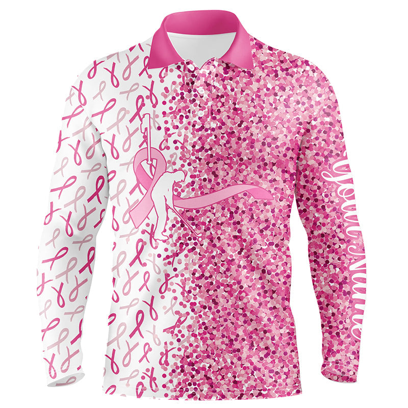 Pink glitter ribbon Men golf polo shirts custom breast cancer golf shirts for men, gifts for golfer NQS8106