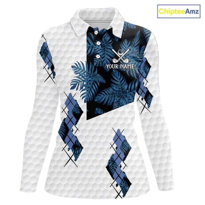 Blue tropical argyle pattern white golf polos shirts for Women custom ladies golf top, best golf gift NQS10303