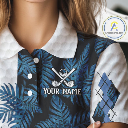 Blue tropical argyle pattern white golf polos shirts for Women custom ladies golf top, best golf gift NQS10303
