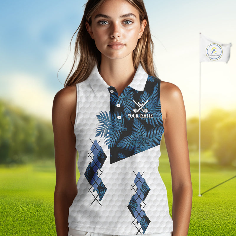 Blue tropical argyle pattern white Women Sleeveless Polo custom ladies golf top, best golf gift NQS10303