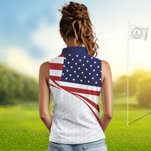 Load image into Gallery viewer, Red, White and Blue American Flag Sleeveless Polo shirt for Women custom patriotic ladies golf attire NQS10304