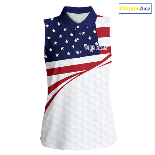 Red, White and Blue American Flag Sleeveless Polo shirt for Women custom patriotic ladies golf attire NQS10304