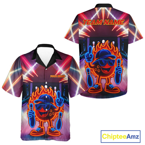 Funny Flame Neon Bowling Ball Women Bowling Hawaiian Shirt Custom Bowling Team button up shirt NQS10306