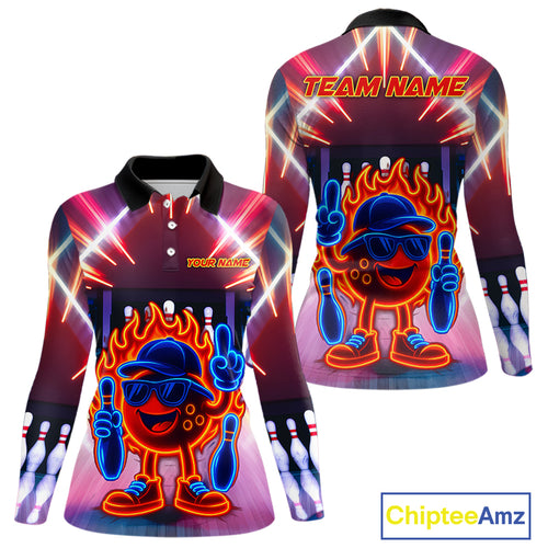 Funny Flame Neon Bowling Ball Women Bowling Polo, Quarter Zip Shirts Custom Bowling Team jersey NQS10306