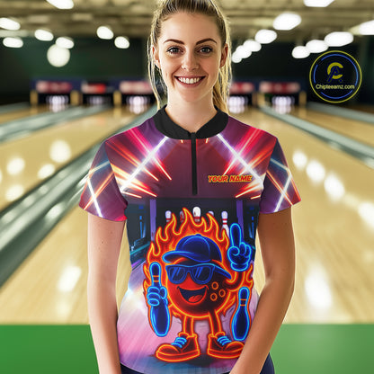 Funny Flame Neon Bowling Ball Women Bowling Polo, Quarter Zip Shirts Custom Bowling Team jersey NQS10306