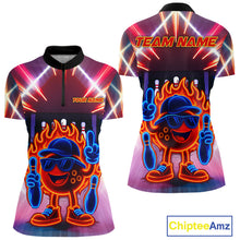 Load image into Gallery viewer, Funny Flame Neon Bowling Ball Women Bowling Polo, Quarter Zip Shirts Custom Bowling Team jersey NQS10306