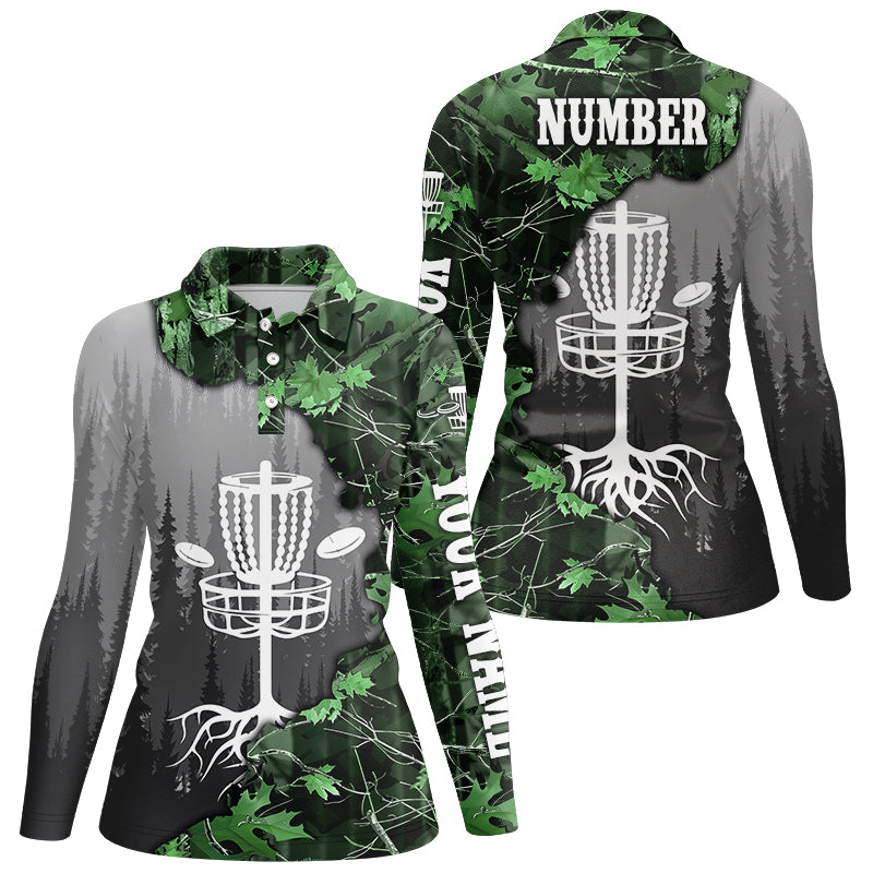 Womens disc golf polo shirt custom green camo forest tree disc golf basket, disc golf jerseys NQS8538