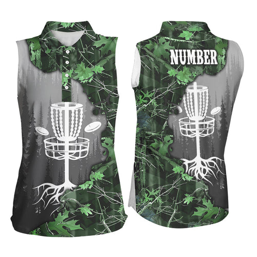 Women sleeveless disc golf polo shirt custom green camo forest disc golf basket, disc golf jerseys NQS8538