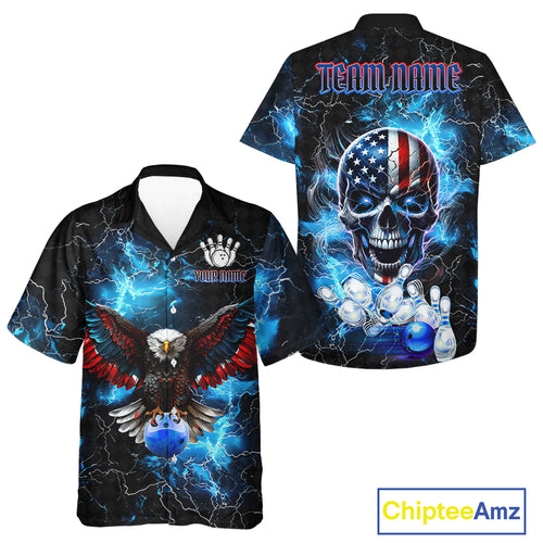 Blue Thunder Lightning American Flag Eagle Skull Bowling Hawaiian shirt Custom Bowling Team Jersey NQS10724