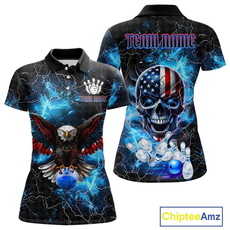 Blue Thunder Lightning American Flag Eagle Skull Women Bowling Shirts Custom Bowling Team Jersey NQS10724