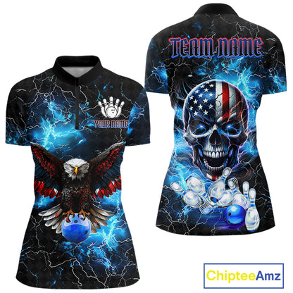 Blue Thunder Lightning American Flag Eagle Skull Women Bowling Shirts Custom Bowling Team Jersey NQS10724