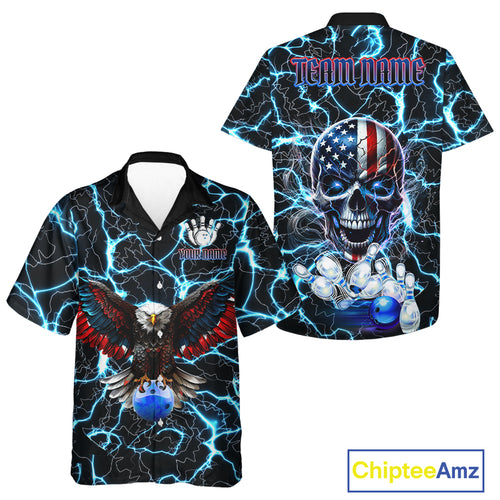 American Flag Eagle Skull Blue Lightning Thunder Bowling Hawaiian shirt Custom Bowling Team Jersey NQS10725