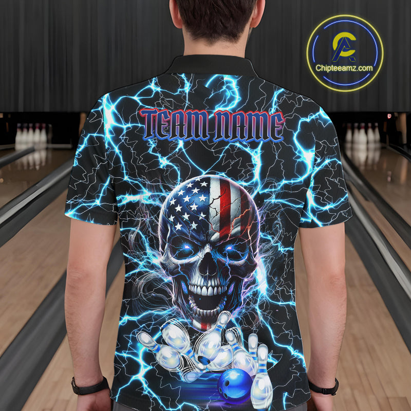 American Flag Eagle Skull Blue Lightning Thunder Mens Bowling Shirts Custom Bowling Team Jersey NQS10725