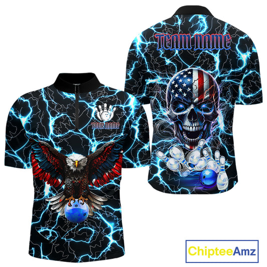 American Flag Eagle Skull Blue Lightning Thunder Mens Bowling Shirts Custom Bowling Team Jersey NQS10725