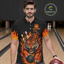 Load image into Gallery viewer, Black and Orange Flame Tiger Bowling Polo, 1/4 Zip Shirts for Men Custom Team Tiger Bowling Jersey NQS10935