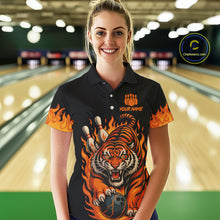 Load image into Gallery viewer, Black and Orange Flame Tiger Bowling Polo, 1/4 Zip Shirts for Women Custom Team Tiger Bowling Jersey NQS10935