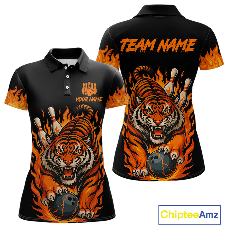 Black and Orange Flame Tiger Bowling Polo, 1/4 Zip Shirts for Women Custom Team Tiger Bowling Jersey NQS10935