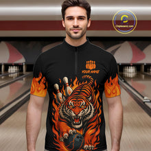 Load image into Gallery viewer, Black and Orange Flame Tiger Bowling Polo, 1/4 Zip Shirts for Men Custom Team Tiger Bowling Jersey NQS10935