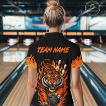 Load image into Gallery viewer, Black and Orange Flame Tiger Bowling Polo, 1/4 Zip Shirts for Women Custom Team Tiger Bowling Jersey NQS10935