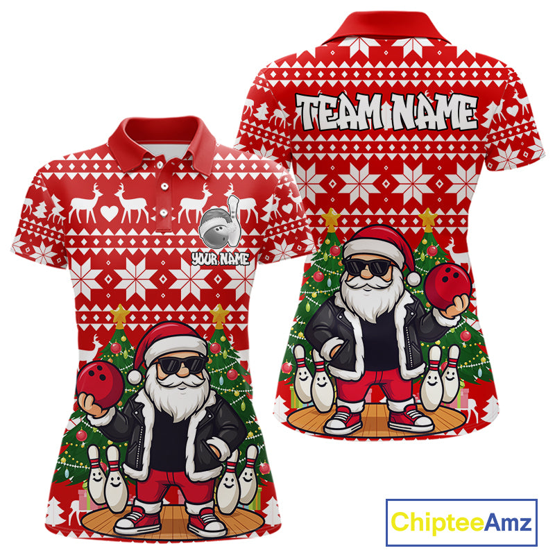 Funny Santa Christmas Women Bowling Polo, Quarter Zip Shirt Custom Team Bowling Jersey | Red NQS10936