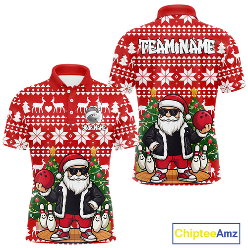 Funny Santa Christmas Mens Bowling Polo, Quarter Zip Shirts Custom Team Bowling Jersey | Red NQS10936