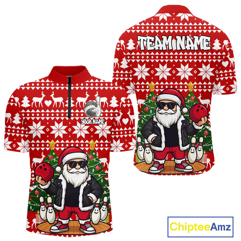 Funny Santa Christmas Mens Bowling Polo, Quarter Zip Shirts Custom Team Bowling Jersey | Red NQS10936