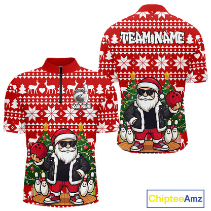 Funny Santa Christmas Mens Bowling Polo, Quarter Zip Shirts Custom Team Bowling Jersey | Red NQS10936