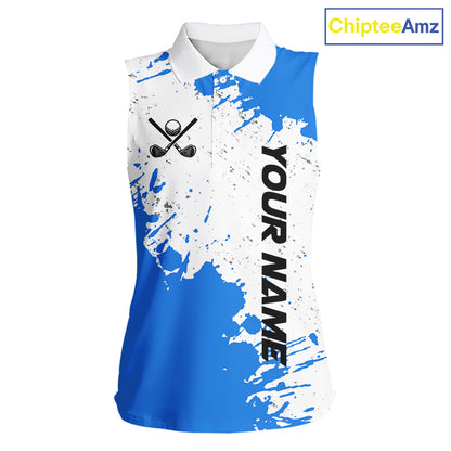 Blue and White Women's Sleeveless polo shirt Custom team golf outfit, golf attire for ladies NQS11316