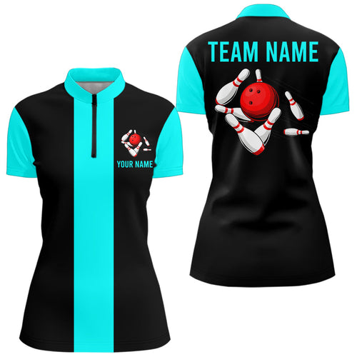 Personalized Cyan Blue and Black Retro Bowling Shirts For Women custom vintage bowling team jerseys NQS9599