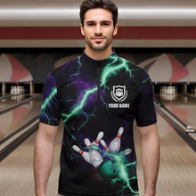 Load image into Gallery viewer, Men bowling shirts Custom Purple green lightning thunder Bowling Team Jersey, gift for team Bowlers NQS9601