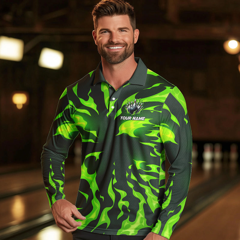 Men bowling Polo, Quarter Zip shirts Custom Green Flame Bowling Team Jersey, gift for team Bowlers NQS9602