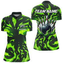 Load image into Gallery viewer, Women bowling Polo, Quarter Zip shirts Custom Green Flame Bowling Team Jersey, gift for team Bowlers NQS9602