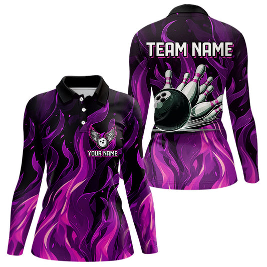 Women bowling Polo, Quarter Zip shirts Custom Pink Flame Bowling Team Jersey, gift for team Bowlers NQS9603