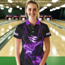 Load image into Gallery viewer, Black and Purple Flame Eagle Bowling Shirt For Women Custom Team Name Bowling Jerseys For Bowlers NQS9749