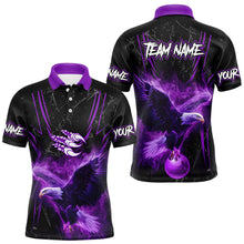 Load image into Gallery viewer, Black and Purple Flame Eagle Bowling Shirt For Men Custom Team Name Bowling Jerseys For Bowlers NQS9749