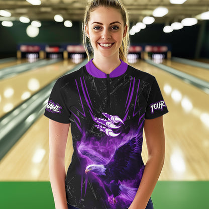 Black and Purple Flame Eagle Bowling Shirt For Women Custom Team Name Bowling Jerseys For Bowlers NQS9749