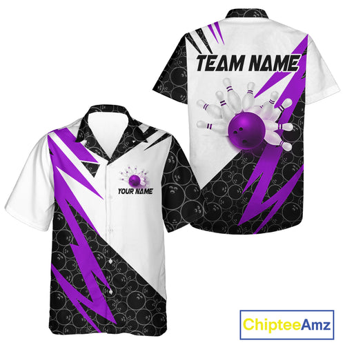 Black and White Hawaiian bowling shirt Custom Lightning Team bowling button up shirt | Purple NQS10003