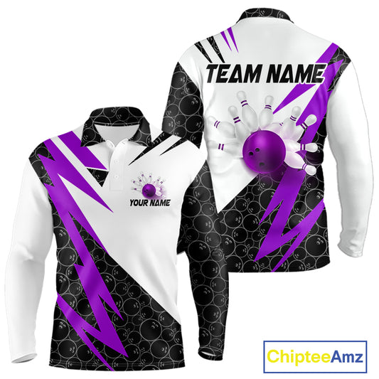 Black and White Bowling Polo, Quarter Zip Shirt for Men Custom Lightning Team bowling jersey | Purple NQS10003