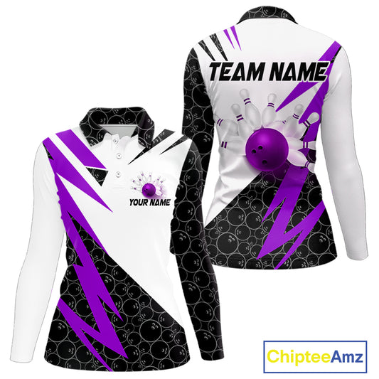 Black & White Bowling Polo, Quarter Zip Shirt for Women Custom Lightning Team bowling jersey | Purple NQS10003