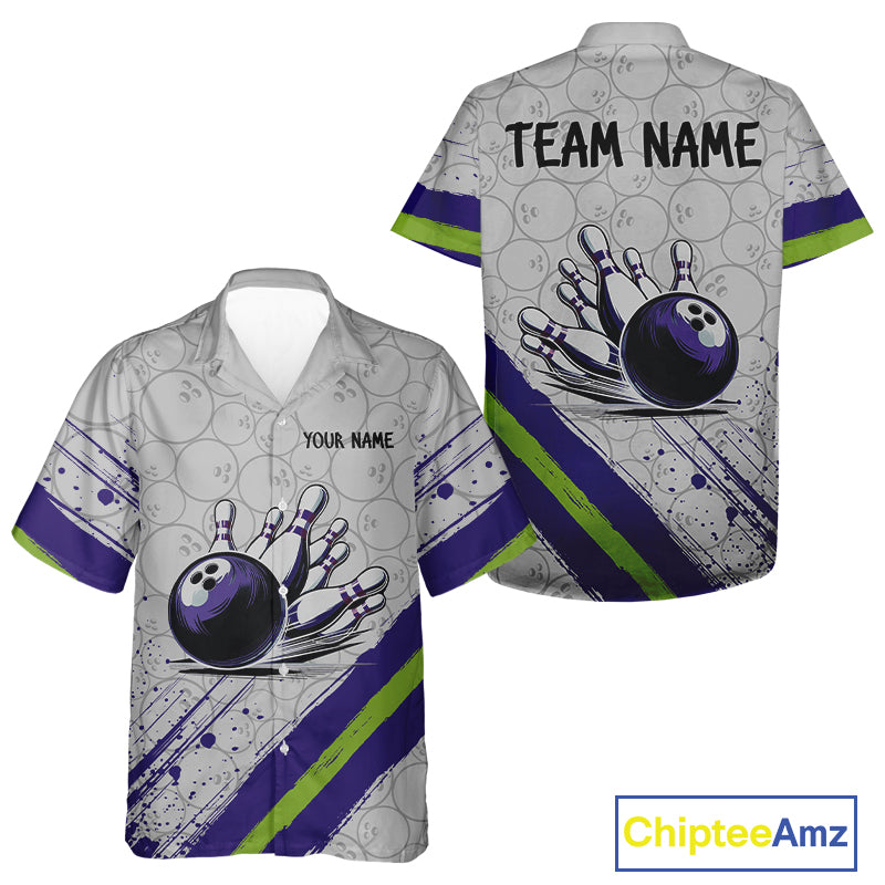 Purple and Green Bowling Camo Hawaiian Shirt Custom Team bowling shirt gift for bowlers NQS10008