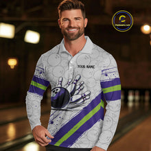 Load image into Gallery viewer, Purple and Green Bowling Camo Polo, 1/4 Zip Shirt for Men Custom Team bowling jersey gift for bowlers NQS10008