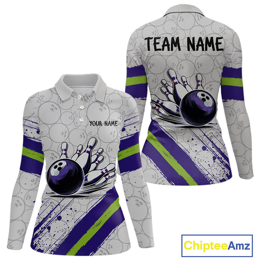 Purple and Green Bowling Camo Women Polo, 1/4 Zip Shirt Custom Team bowling jersey gift for bowlers NQS10008