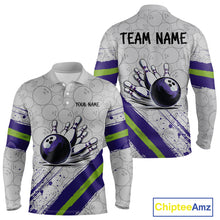 Load image into Gallery viewer, Purple and Green Bowling Camo Polo, 1/4 Zip Shirt for Men Custom Team bowling jersey gift for bowlers NQS10008