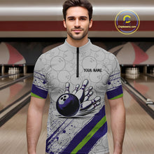 Load image into Gallery viewer, Purple and Green Bowling Camo Polo, 1/4 Zip Shirt for Men Custom Team bowling jersey gift for bowlers NQS10008
