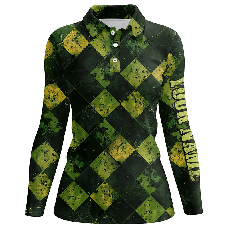 Green and Yellow argyle grunge pattern Women golf polo shirts custom golf apparel for ladies NQS8113