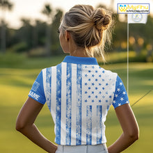 Load image into Gallery viewer, Personalized Blue &amp; White American Flag Retro Women golf polo shirts Custom Patriotic ladies golf top NQS10308