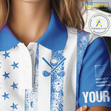 Load image into Gallery viewer, Personalized Blue &amp; White American Flag Retro Women golf polo shirts Custom Patriotic ladies golf top NQS10308