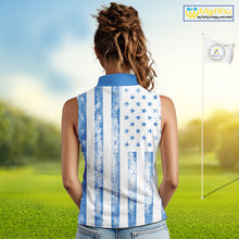 Load image into Gallery viewer, Personalized Blue &amp; White American Flag Retro Women sleeveless polo shirt Patriotic laies golf top NQS10308
